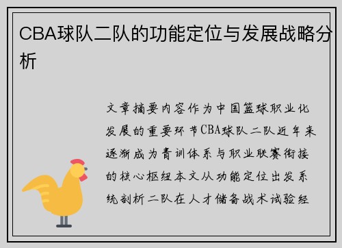 CBA球队二队的功能定位与发展战略分析